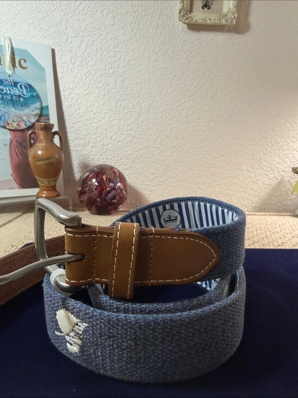 Peter Millar Men’s 38 Golf Belt Blue Embroidered Leather Solid Brass USA